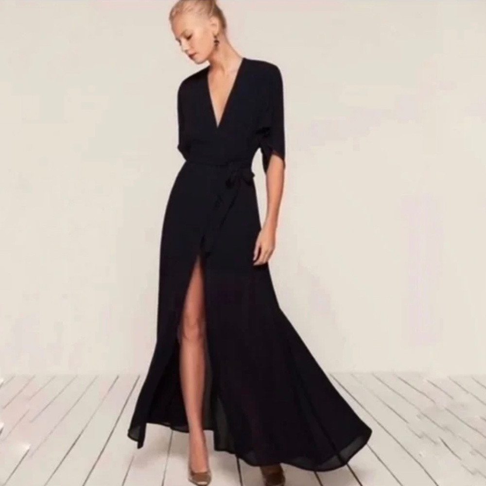 REFORMATION BLACK WINSLOW MAXI GOWN DRESS TRUE WRAP STYLE SIZE XL WEDDING PARTY